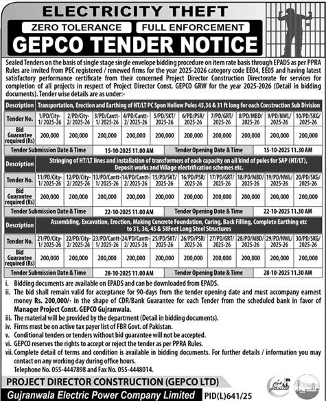 GEPCO Gujranwala Tender Notice